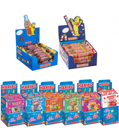 Lot 180 Mini Sachets 40 g + 160 Roulettes Haribo + Présentoir Bois 6P Goldbears en gros conditionnement