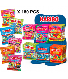 Lot 180 Sachets Haribo 120 gr + Présentoir Bois 6 broches Goldbears en gros conditionnement