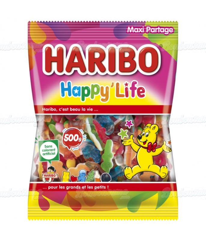Bonbon gélifié en vrac Sachet Haribo 500 gr Happy Life en gros conditionnement