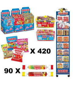 Lot 420 Sachets Haribo 40 g + 90 Roulettes + Présentoir 16 bacs en gros conditionnement