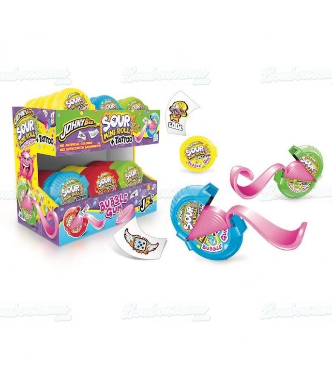 Confiserie ludique Johny Bee Mini Roll Sour + Tattoo en gros conditionnement Confiserie ludique Johny Bee Mini Roll Sour + Tattoo en gros conditionnement