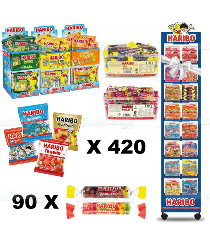 Lot 420 Sachets Haribo 40 gr + 90 Roulettes en gros conditionnement